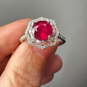 NWT 2.77ct genuine ruby with double halo diamonds in 14k white gold ring!